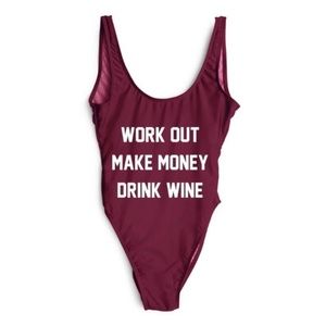 Maroon Work Out Make Money Drink Wine One Piece Swimsuit M